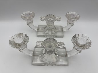 Vintage Heisey Glass Regency Pair Of Double Light Candlesticks 8.5'