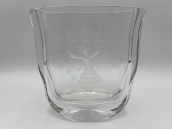 Vintage Orrefos Swedish Art Crystal Glass Vase With Girl And Flowers