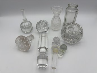 Large Lot Of Vintage Crystal Glass Bottle Stoppers, Candle Holders & Jars, Etc
