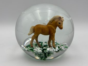 Vintage Large Blown Glass Orb Paperweight With Ceramic Horse Insert 4'