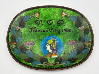 Priests Of Pallas Goddess Athena Kansas City 1906 Japanese Cloisonne Rare Tray Green 7x5.5