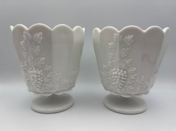 Lot Of 2 Vintage Westmoreland Glass Milk White Planter Vases 7in H