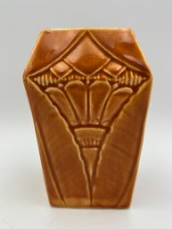 1930s Meric Art Studios Art Deco Pottery Vase, Scarce Golden Sand Color With Geometric Accents