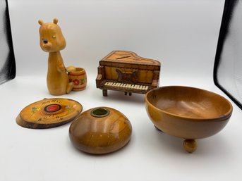 Vintage Myrtle Wood & Wood Decor Piano, Dishes, Candleholder, Bear