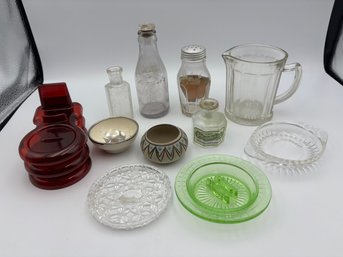 Lot Of Miscellaneous Household Items - Glass, Ashtrays, Dishes, Antique Apothecary Bottles