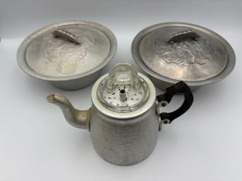 Everlast Aluminum Pewter Ware & Sonaware Vintage Bowls With Lids And Coffee Percolator