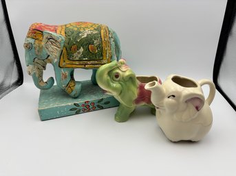 Vintage Elephant Lot Decor Ceramic, Porcelain, Wood Figure, Planter, Pitcher