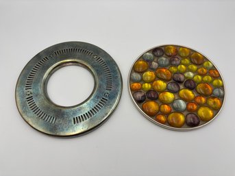 Lot Of 2 Vintage Trivets Silver Plate Broadmoor Hotel Colorado Springs & Marble Top Trivet