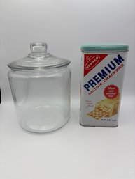 Vintage Nabisco Saltine Cracker Tin & Large Glass Jar