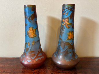 Vintage Pair Of Galle Style Floral Vases Acid Etched 13.5'