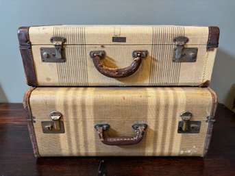 Pair Of Vintage Lot Of 2 Suitcases Pale Yellow Striped