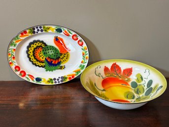 Vintage Lot Of 2 Painted Enamelware Bowl & Platter Large