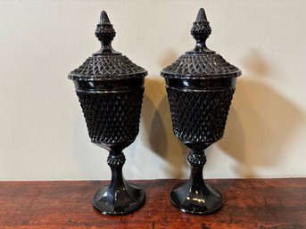 Pair Of Vintage Indiana Glass Tiara Black Diamond Point Pedestal Jars With Lids