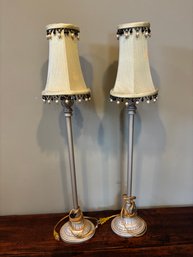Lot Of 2 Tall Skinny Table Lamps With Glass Fringe 32' Tall Modern