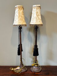 Set Of 2 Tall Skinny Table Lamps With Black Fringe Bronze Colored Modern