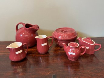 Vintage 1930s Hall Maroon Red Stoneware Pitcher Drink Set