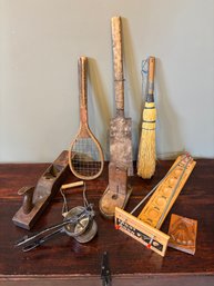 Mics Assortment Of Antique Wooden Tools, Game, Broom, Kitchen Equipment