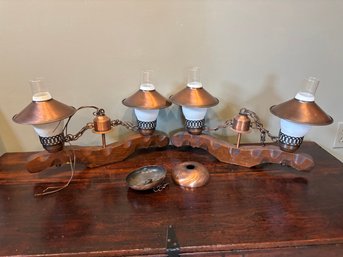 Vintage Set Of 2 Light Wood Ox Yoke Style Chandelier Light Fixtures