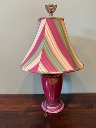 Vintage Red Ceramic Lamp With Striped Shade & Butterfly Finial