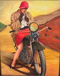 Framed Vintage Acrylic On Canvas By Daniel Yates Depicting 'Ruby By David Uhl' Harley Davidson