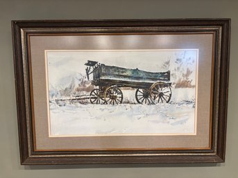 Framed Print Vintage 'Resting Wheels' Blue Wagon In Snow Print By Aster