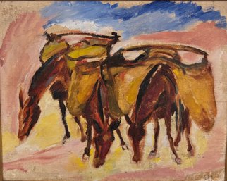 Antique Western Abstract Expressionist Painting Of Horses Signed E.M. 17.5 X 14.5