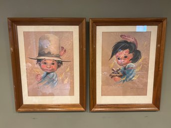 Vintage 14 X 18 Framed Art Print Pair Monteague 'Little Rainy Face' & 'Little Big Bull'