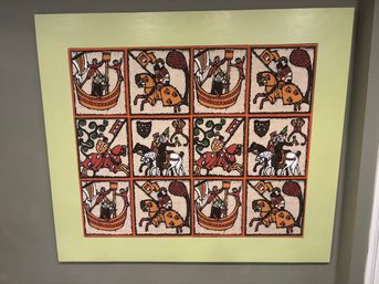 Vintage 53.5 X 46.5 Framed Painted Mid Century Renaissance Medieval Linen Drape Barkcloth 1970s