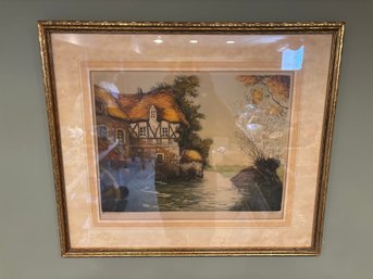 Vintage 28 X 23 Framed Print Gold Gilt Frame House/Mill On River Scene
