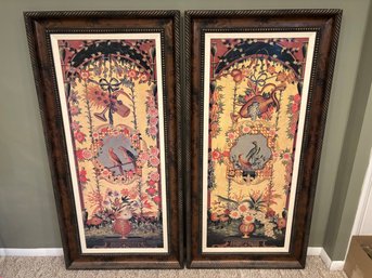 Pair Large 26.5 X 54 Framed 20th Century Botanical Bird Art Panels