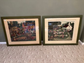 Vintage Pair Of Farmhouse Rustic Art Green Frame 26 X 30.5