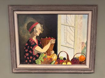 Framed Canvas Origial Art 24 X 30 Signed By Artist C. Satterfield Woman With Fruit