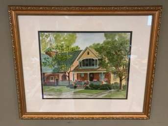 Gold Framed 22 X 18 Original Watercolor House Street Painting Signed Annie Ferrie