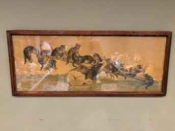 Antique Wood Frame 32 X 13 Art Print 'Cats On A Seesaw' By Louis Wain 1860 - 1939