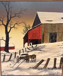 Vintage Framed Serigraph On Canvas Winter Barn H Hargrove 26 X 30