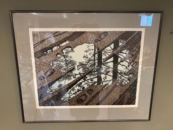 Vintage Art Print 'Puddle' M.C. Escher 1952 Framed With Cracked Glass 26 X 21