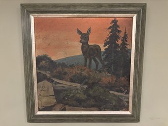 Vintage Framed Landscape Painting Of Deer Green Wood Frame 19 X 19