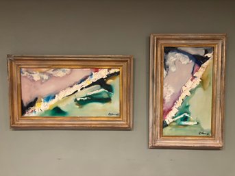 Pair Of Vintage Abstract Original Paintings In Gold Frames 15x25 & 15x23