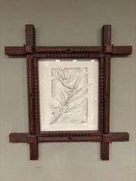 Framed Drawing By Geo G. Borum Birds In Hand Carved Walnut Frame 18.5 X 20