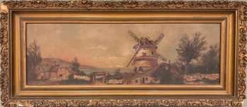 Antique Oil Painting Of Dutch European Mill In Ornate Gold Gilt Frame 21 X 9