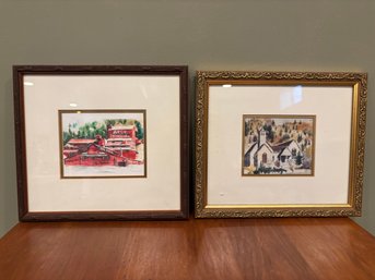 Pair Of 2 Vintage Watercolor Originals Idaho Springs Colorado Church & Argo Gold Mine 10 X 9
