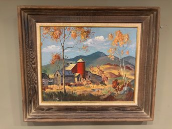 Vintage Antique Farm 'Delaney' Autumn Oil Painting In Rustic Frame 26 X 22