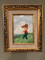 Framed Enamel On Metal Of Farm Boy By Lucey 8.5 X 10.5 In Gold Gilt Frame