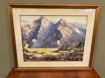 Vintage Mountain Landscape Watercolor Art In Gold Frame Staining On Mat 18 X 14.5'