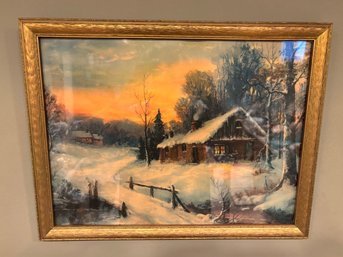 Vintage Winter Cabin Print In Gold Frame 17.5 X 13.5