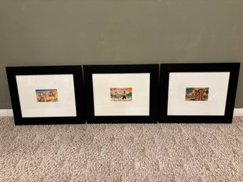Set Of 3 Vintage Framed & Matted Cartoon Postcards With Cute Sayings Cats, Monkeys, Man Walking Dog