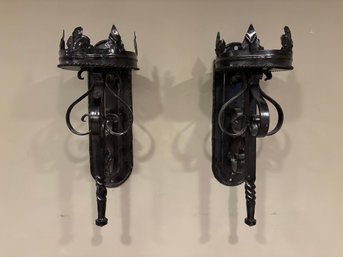 Vintage Pair Spanish Revival Black Iron Wall Sconces 17'