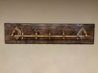 Vintage Western Wood & Brass Vintage Horse Head Motif Wall Hat Coat Hanger - 11 X 48