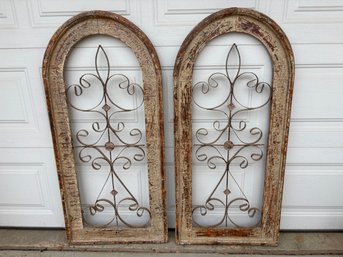 Pair Of Large Arched Wood & Wrought Metal Window Arches 50 X 23