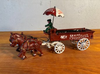 Vintage Cast Iron Toy Fruits & Vegetables Wagon - Red With Horses
